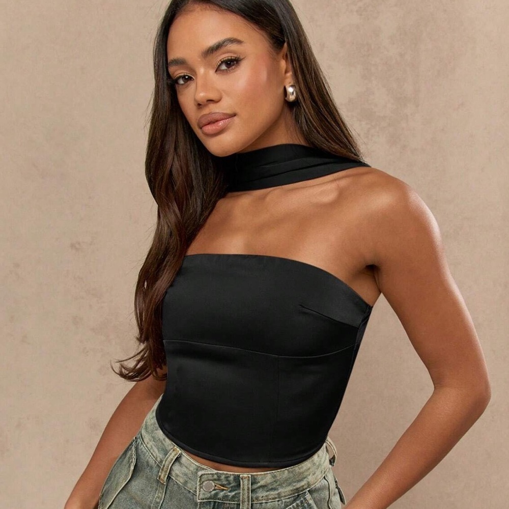 Missguided Satin Bandeau Tie Neck Corset Top | Size Small